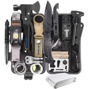 XUANLAN Emergency Survival Kit, Outdoor Survival Gear Tool with Survival Bracelet, Fire Starter, Whistle, Wood Cutter, Water Bottle Clip, Pen (29 in 1)