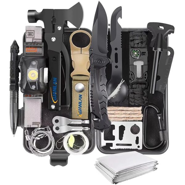 XUANLAN Emergency Survival Kit, Outdoor Survival Gear Tool with Survival Bracelet, Fire Starter, Whistle, Wood Cutter, Water Bottle Clip, Pen (29 in 1)