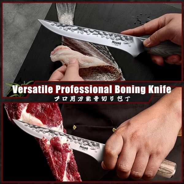 Huusk Kitchen Knife Set 3pcs - Japanese Nakiri Vegetable Knife, Meat Cleaver Boning Knife for Meat Cutting, Hand Forged Butcher Chef Knives Set for Kitchen Home Cooking, Father's Day Gifts for Men - Image 4