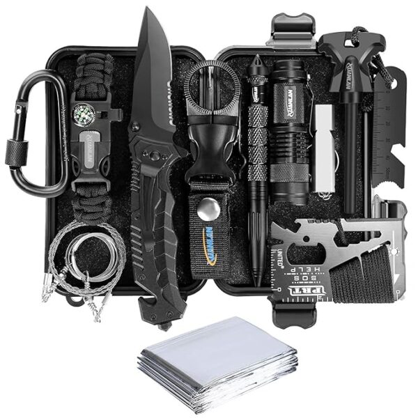XUANLAN Emergency Survival Kit 13 in 1, Outdoor Survival Gear Tool with Survival Bracelet, Fire Starter, Whistle, Wood Cutter, Water Bottle Clip, Pen (Survival Kit 1)