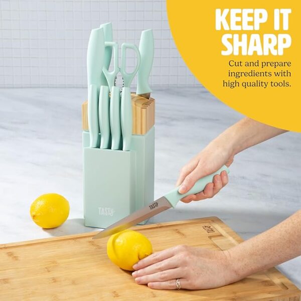 Kitchen Knife Set with Block, Cutlery Set includes Chef, Bread, Utility, Paring, Steak Knives & Shears, 10-Piece, Aqua - Image 5
