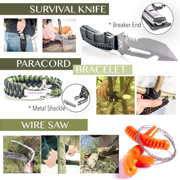Weyland Ultimate Survival Kit â 11-in-1 Outdoor Gear with Survival Knife, Fire Starter, Compass, Multitool, Paracord Bracelet, & Case for Camping, Hiking, Emergency Preparedness - Image 4