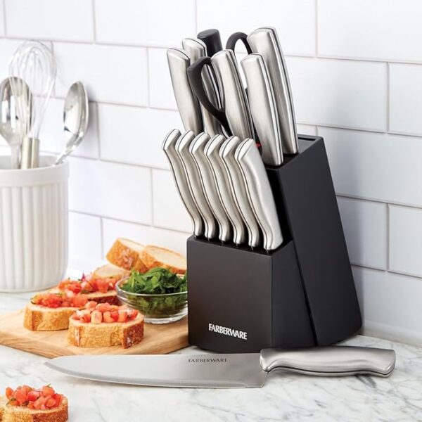 Farberware 15-Piece High-Carbon Stamped Stainless Steel Kitchen Knife Set with Wood Block, Steak Knives, Razor-Sharp, Black, Ultra-Sharp Blades, Ergonomic Comfort Grip - Image 6