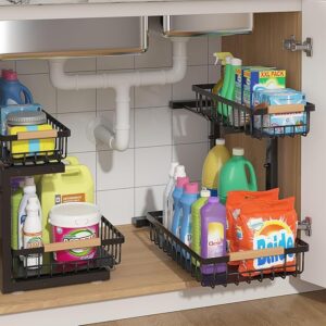 ADRIMER Under Sink Organizer 2 Packs, Pull Out Kitchen Sink Organizer, 2 Tier Slide Out Kitchen Organizers and Storage Bathroom Under Cabinet Storage Shelf, Black