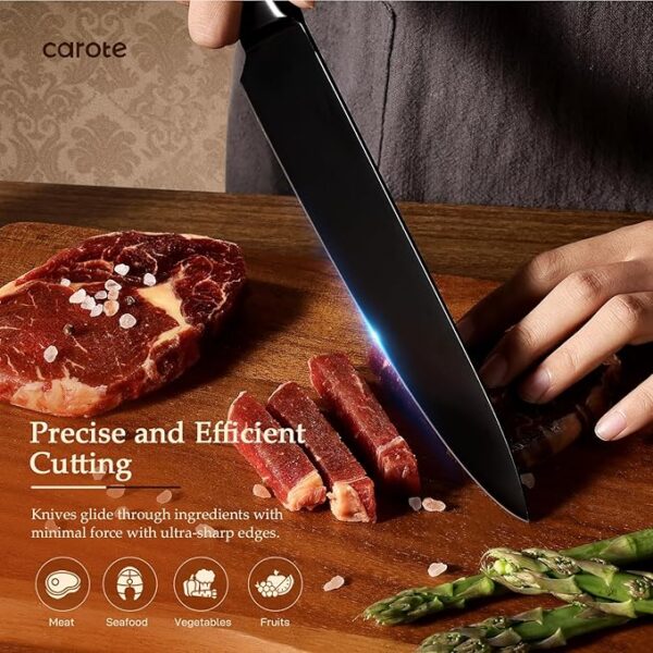 CAROTE 14Pcs Kitchen Knife Set, Dishwasher Safe knife set with Block and Sharpener, Stainless Steel Cutlery with Razor-Sharp Blades, 6 Steak Knives, Full-Black - Image 6