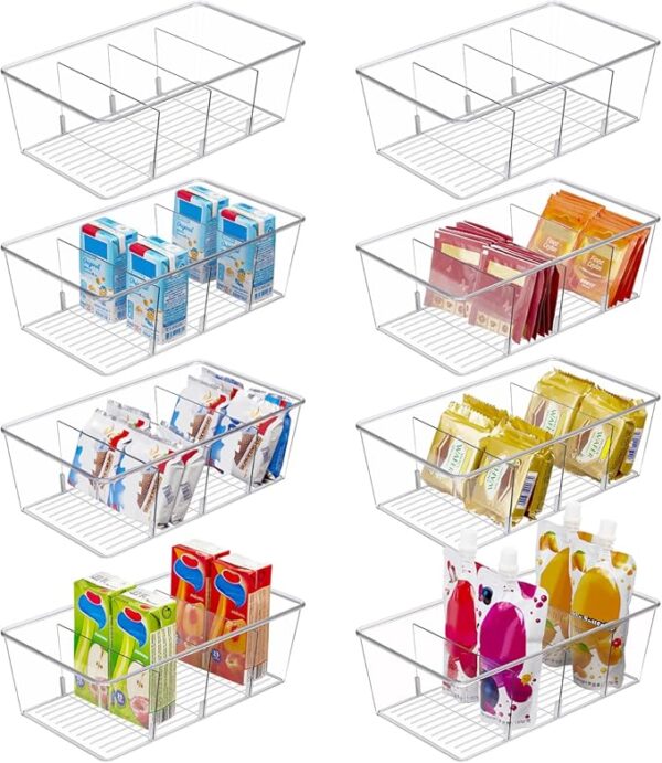 Vtopmart 8 Pack Food Storage Organizer Bins, Clear Plastic Bins for Pantry, Kitchen, Fridge, Cabinet Organization and Storage, 4 Compartment Holder for Packets, Snacks, Pouches, Spice Packets - Image 2