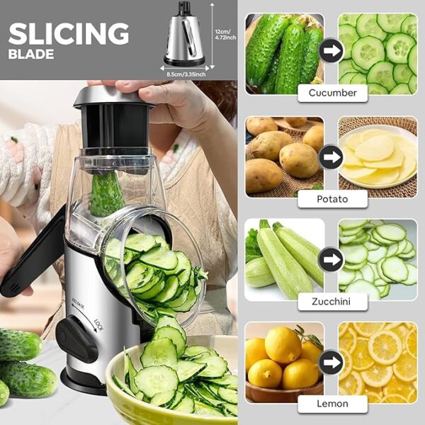 Airpro Rotary Cheese Grater with Handle - Vegetable Shredder with 3 Stainless Steel Blades & Strong Suction Base,Round Mandoline Slicer & Food Chopper for Kitchen - Image 5