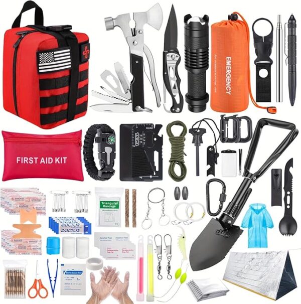 Survival Kit, 252Pcs Survival Gear First Aid Kit with Molle System Compatible Bag and Emergency Tent, Emergency Kit for Earthquake, Outdoor Adventure, Hiking, Hunting, Gifts for Men Women (Red) - Image 2