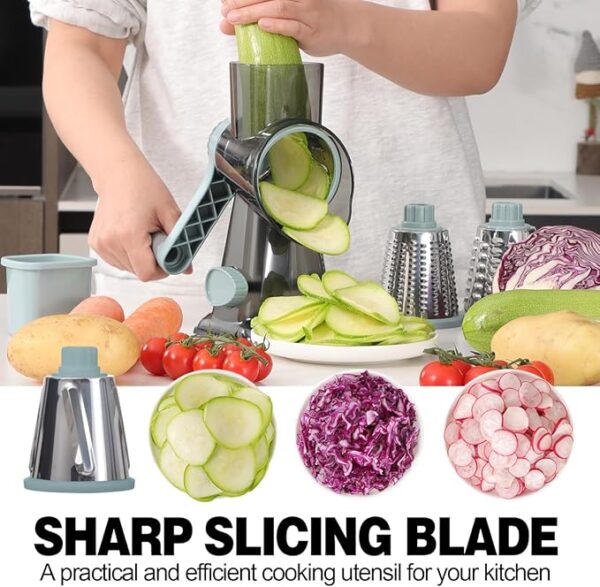 Cheese Grater Cheese Shredder with 3 Interchangeable Blades, Rotary Cheese Grater Manual Vegetable Slicer with Non-slip Suction Base Peanut Nuts Grinder Vegetable Shredder Clear - Image 5