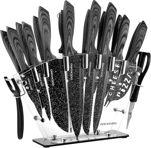 all in one Kitchen Knife Set with Block, 19 PCS High Carbon Stainless Steel Sharp Serrated Steak Knives Set, Chef Knives, Bread Knife, Scissor, Sharpener, - Image 2