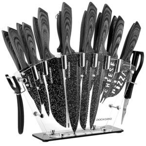 all in one Kitchen Knife Set with Block, 19 PCS High Carbon Stainless Steel Sharp Serrated Steak Knives Set, Chef Knives, Bread Knife, Scissor, Sharpener,