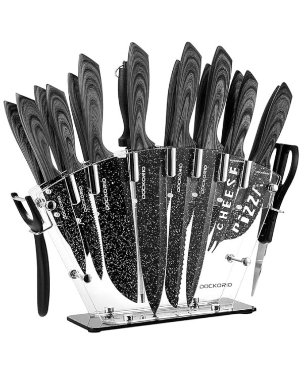 all in one Kitchen Knife Set with Block, 19 PCS High Carbon Stainless Steel Sharp Serrated Steak Knives Set, Chef Knives, Bread Knife, Scissor, Sharpener,
