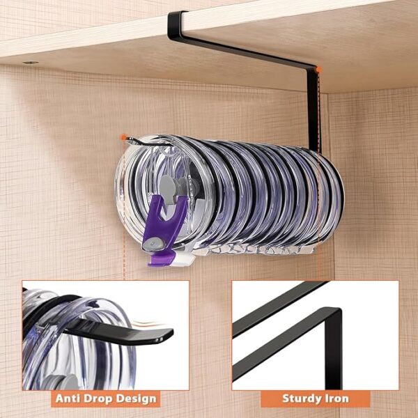 Tumbler Lid Organizer, Horizontal Tumbler Lid Storage Hook Up to 10 Lids, Space Saving Cup Lid Holders Under Cabinet Tumbler Lid Hook for Kitchen Organizer and Storage, Paper Towel Rack Hanger (White) - Image 4