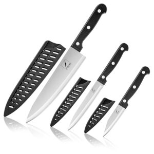Kitchen Knife, 3-Pcs Knife Set With Sheath, 8 Inch Chef Knife, 4.5 Inch Utility Knife, 4 Inch Paring Chef Knife, Stainless Steel, Black