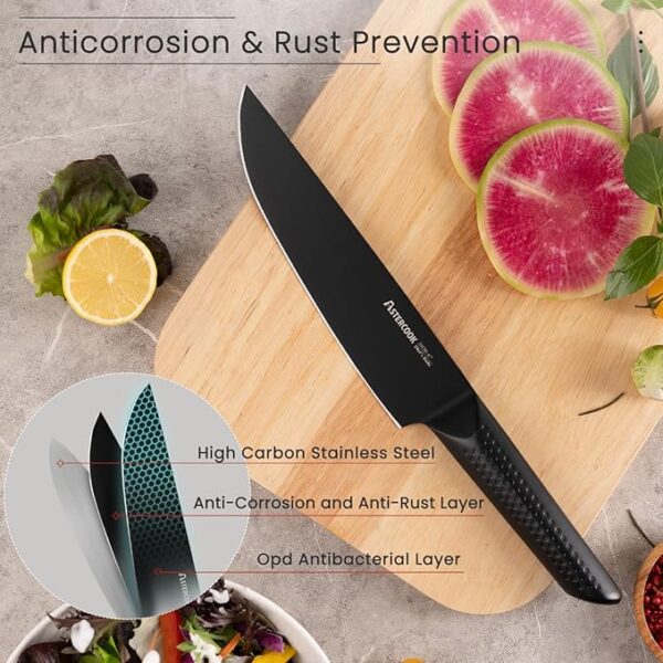 Astercook Knife Set, 15 Pieces Kitchen Knife Sets with Block and Built-in Knife Sharpener, German Stainless Steel Handle One-Piece Design Knives Block Set Dishwasher Safe, Black - Image 6