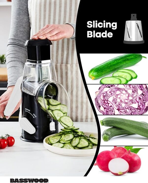 BASSWOOD Rotary Cheese Grater with Handle - Mandoline Slicer with 3 Stainless Steel Drum Blades-Vegetable Slicer Walnuts Grinder Cheese Shredder Round Mandoline with Peeler (Black) - Image 6