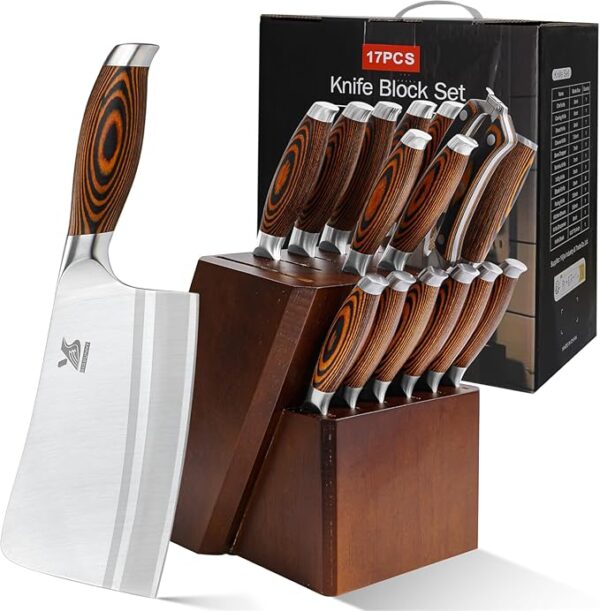 MSY BIGSUNNY Knife Block Set 17-piece Knife Set with Wooden Block - German Steel Perfect Cutlery Set Gift - Image 2
