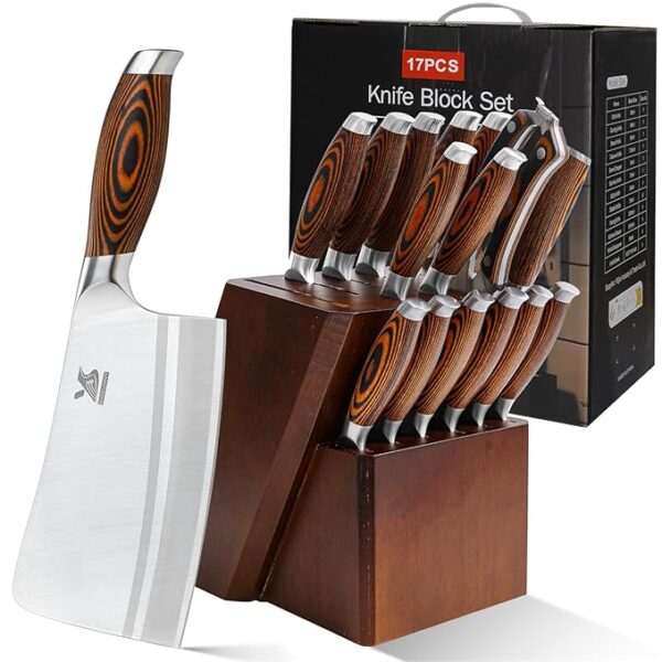 MSY BIGSUNNY Knife Block Set 17-piece Knife Set with Wooden Block - German Steel Perfect Cutlery Set Gift