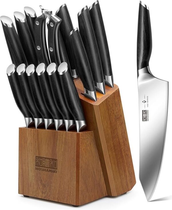 16-Piece Kitchen Knife Set with Block, Powder Steel High Carbon Steel Knife Block Set, Ultra Sharp Professional Chef Knife Set with Sharpener - Image 2