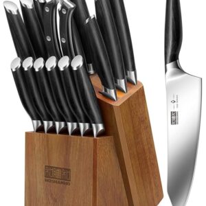 16-Piece Kitchen Knife Set with Block, Powder Steel High Carbon Steel Knife Block Set, Ultra Sharp Professional Chef Knife Set with Sharpener