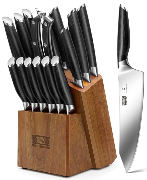 16-Piece Kitchen Knife Set with Block, Powder Steel High Carbon Steel Knife Block Set, Ultra Sharp Professional Chef Knife Set with Sharpener