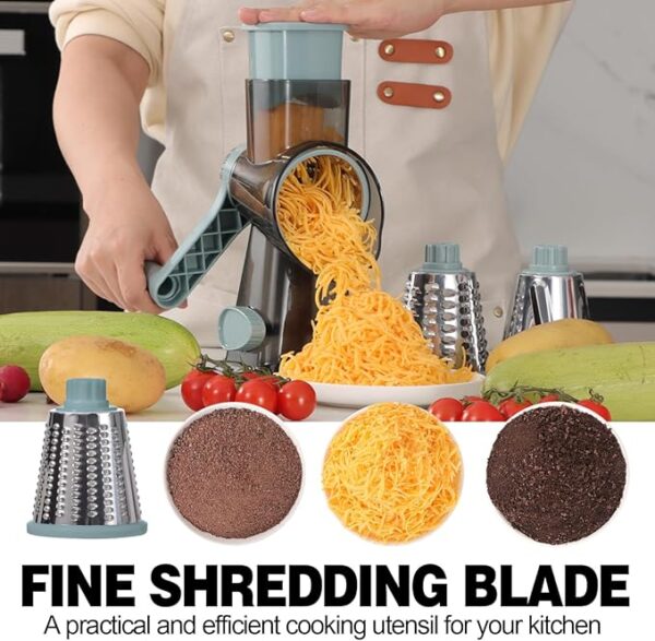 Cheese Grater Cheese Shredder with 3 Interchangeable Blades, Rotary Cheese Grater Manual Vegetable Slicer with Non-slip Suction Base Peanut Nuts Grinder Vegetable Shredder Clear - Image 3