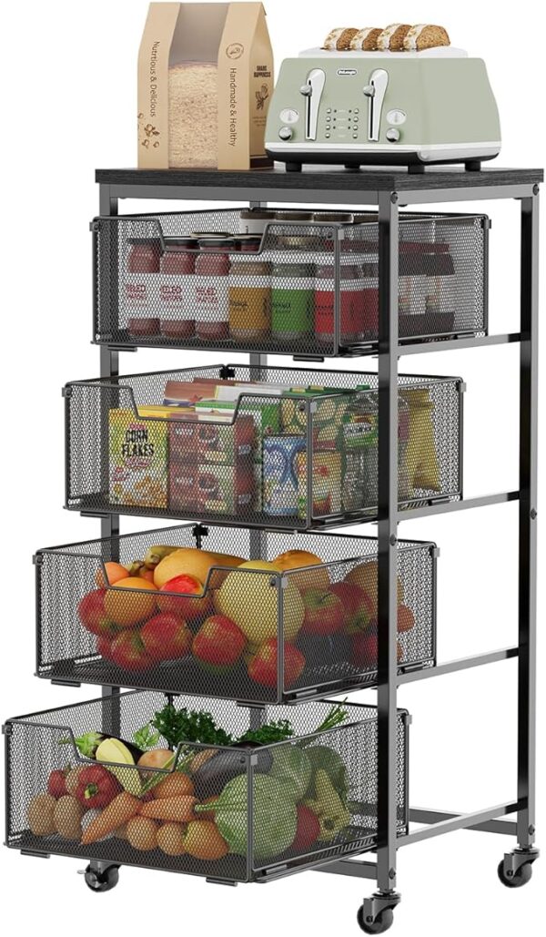 4-Tier Fruit Vegetable Storage Cart - Kitchen Organizer and Storage Cart with Wheels, Wooden Top Metal Wire Fruit Vegetable Rack Stand with Drawers to Storage Onions Potatoes Cans Snacks for Kitchen - Image 2