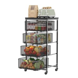 4-Tier Fruit Vegetable Storage Cart - Kitchen Organizer and Storage Cart with Wheels, Wooden Top Metal Wire Fruit Vegetable Rack Stand with Drawers to Storage Onions Potatoes Cans Snacks for Kitchen