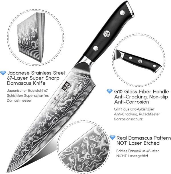 SHAN ZU Damascus Knife Set, Japanese Super Steel 3 PCS Damascus High Carbon Professional Ultra-Sharp Kitchen Chef Knife Set with G10 Handle Gift Box - Image 4