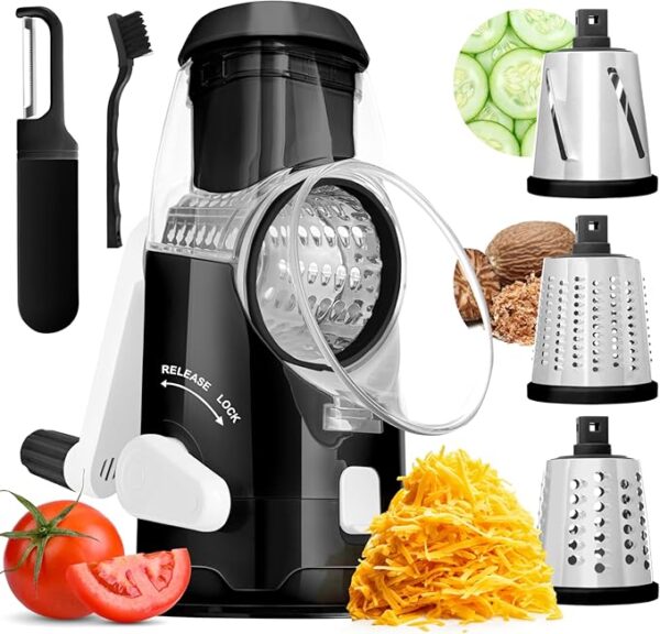 BASSWOOD Rotary Cheese Grater with Handle - Mandoline Slicer with 3 Stainless Steel Drum Blades-Vegetable Slicer Walnuts Grinder Cheese Shredder Round Mandoline with Peeler (Black) - Image 2