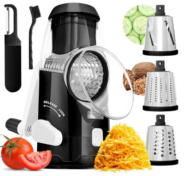 BASSWOOD Rotary Cheese Grater with Handle - Mandoline Slicer with 3 Stainless Steel Drum Blades-Vegetable Slicer Walnuts Grinder Cheese Shredder Round Mandoline with Peeler (Black)