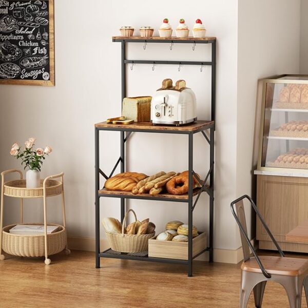 Kitchen Bakers Rack with Storage Shelves, Small Coffee Bar Cart with 8 Hooks, 4 Tiers Microwave Stand Station with Adjustable Shelves, Freestanding Kitchen Appliance Organizer, Rustic Brown - Image 5