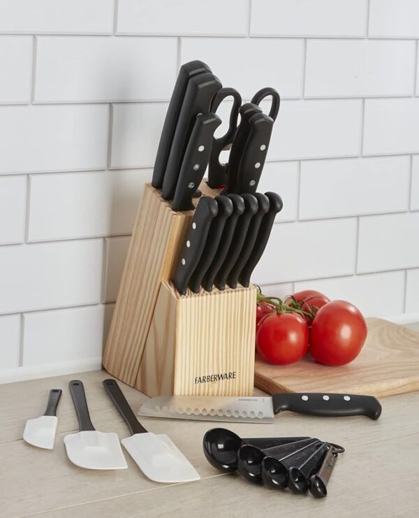 Farberware 22-Piece Never Needs Sharpening Triple Rivet High-Carbon Stainless Steel Knife Block and Kitchen Tool Set, Black, Durable ANDPrecision Cutlery - Image 6