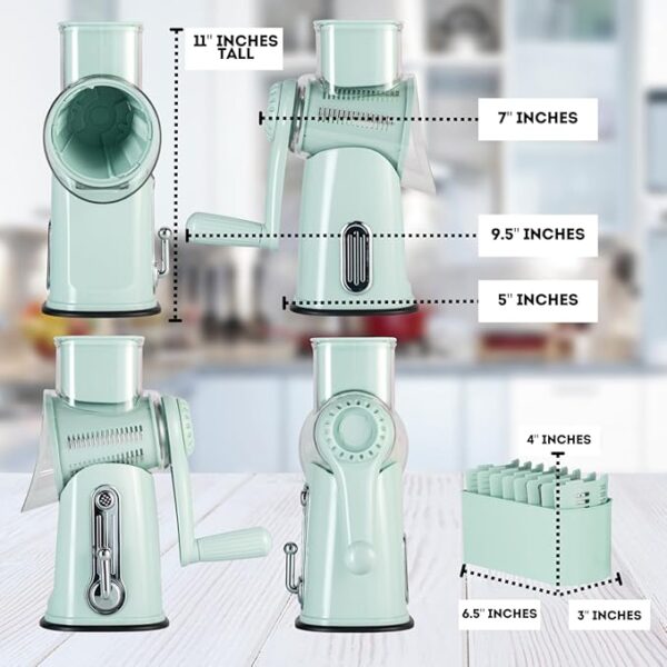 5 in1 Rotary Cheese Grater with Handle, Rotary Grater, Vegetable Slicer, Shredder, Carrot Grater, Nut Grinder, and Chocolate Shaver (Light Green) - Image 3