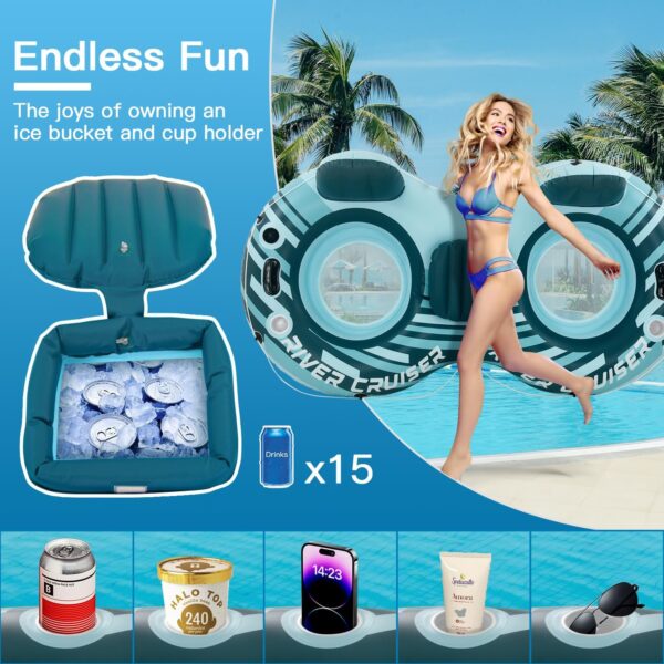 River Tube Floats for Adults Heavy Duty Pool Floats Inflatable Water Tube with Cup Holeder, Drink Cooler and Mesh Bottom Backrest (2 Pack Single/Double) - Image 8