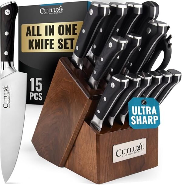 Cutluxe Knife Set with Block â 15-Piece Knife Set for Kitchen, Ultra Sharp High Carbon German Stainless Steel, Full Tang, Walnut Wood Block â Artisan Series - Image 2