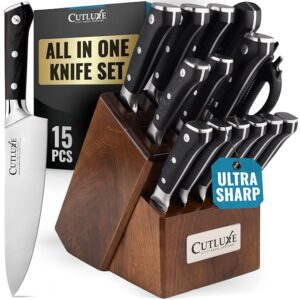 Cutluxe Knife Set with Block â 15-Piece Knife Set for Kitchen, Ultra Sharp High Carbon German Stainless Steel, Full Tang, Walnut Wood Block â Artisan Series