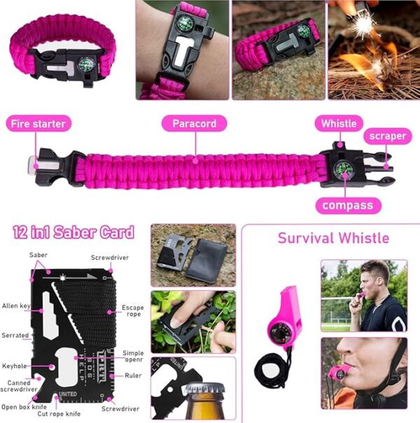 Pink Survival Kits with First Aid Kit, Hiking Camping Gear and Equipment for Women, Professional Bug Out Bag Survival Set with Molle Pouch, Outdoor Gift for Women - Image 5