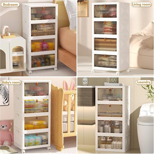 4 Tier Plastic Storage Bins with Lid 23QT, Stackable Storage Containers with Wheels, Folding Storage Boxes, Stackable Storage Bins, Closet Organizers and Storage for Living Room,Office,Dorm - Image 4