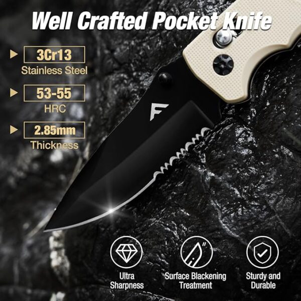 FLISSA Folding Pocket Knife with Clip, Glass Breaker and Seatbelt Cutter, Survival Knife for Emergency Rescue Situations, EDC Knife for Tactical, Hunting, Camping, Outdoor, Unique Gifts for Dad, Father - Image 5