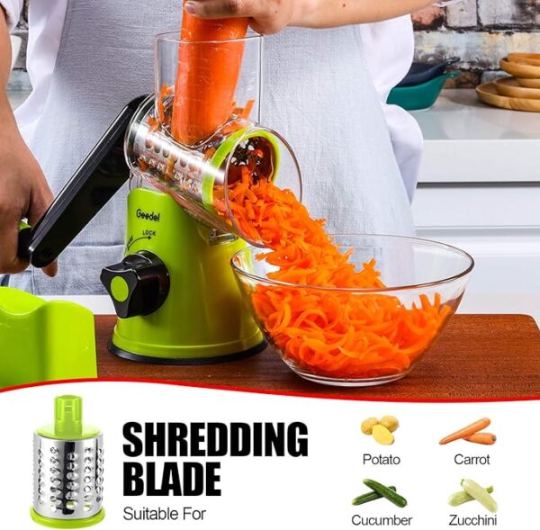 Geedel Rotary Cheese Grater, Kitchen Mandoline Vegetable Slicer with 3 Interchangeable Blades, Easy to Clean Rotary Grater Slicer for Fruit, Vegetables, Nuts - Image 5