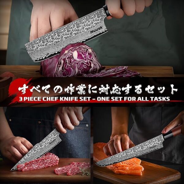 Huusk Japanese Kitchen Knife Set - 3pcs Hand Forged VG10 Damascus Meat Cleaver Boning Knife for Meat Cutting, Nakiri Vegetable Knives, Gyuto Chef Knives Set for Cooking, Father's Day Gifts for Men - Image 5
