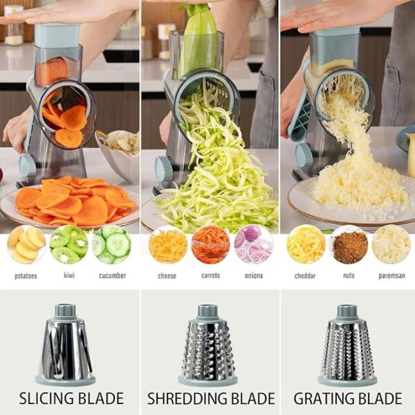 Cheese Grater Hand Crank Rotary Vegetables Shredder with Handle, 3-in-1 Graters with Interchangeable Blades and Strong Suction Base Multifunctional Slicer for Kitchen - Image 3