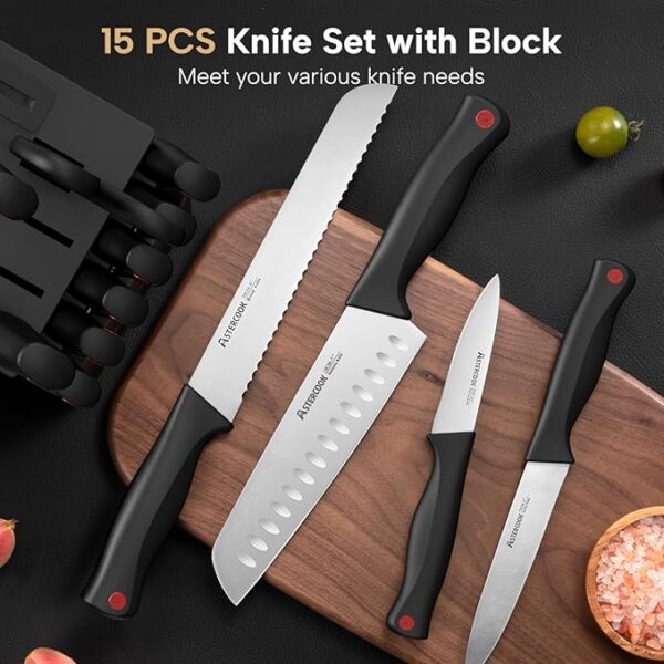 Astercook Knife Set, 15 Pieces Kitchen knives Set with Built-in Sharpener, High Carbon German Stainless Steel Chef Knife Block Sets, Sharp & Rust Resistant Dishwasher Safe, Black - Image 6
