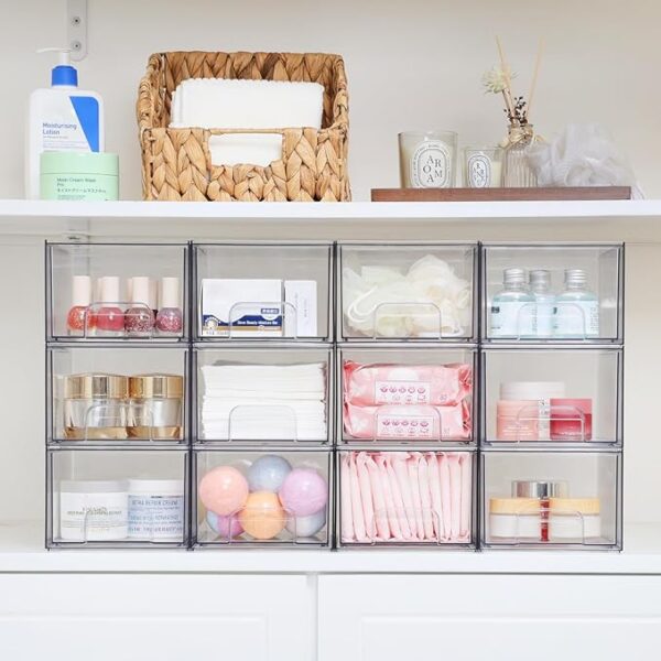 Vtopmart 4 Pack Clear Stackable Storage Drawers, 4.4'' Tall Acrylic Bathroom Makeup Organizer,Plastic Storage Bins For Vanity, Undersink, Kitchen Cabinets, Pantry, Home Organization - Image 3