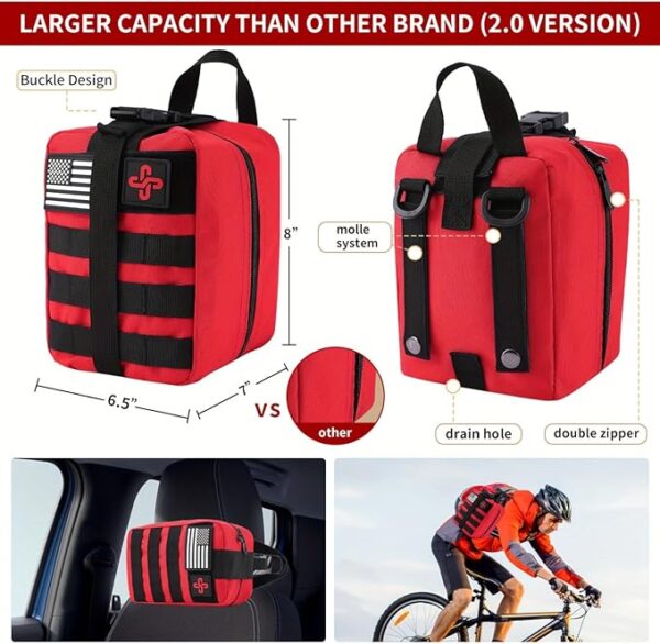 Survival Kit, 252Pcs Survival Gear First Aid Kit with Molle System Compatible Bag and Emergency Tent, Emergency Kit for Earthquake, Outdoor Adventure, Hiking, Hunting, Gifts for Men Women (Red) - Image 3