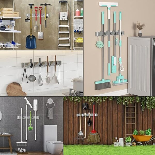 Holikme Mop Broom Holder Wall Mount Metal Pantry Organization and Storage Garden Kitchen Tool Organizer Wall Hanger for Home Goods (4 Positions with 4 Hooks, Silver) - Image 6
