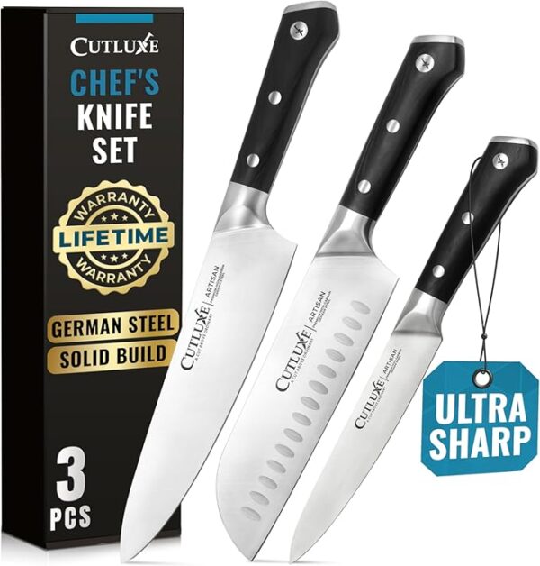 Cutluxe Chef Knife Set, 3 PCS Professional Chef's Knife Set  Razor Sharp German Steel, Full Tang, Ergonomic Handles - Artisan Series - Image 2