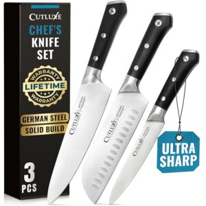 Cutluxe Chef Knife Set, 3 PCS Professional Chef's Knife Set  Razor Sharp German Steel, Full Tang, Ergonomic Handles - Artisan Series