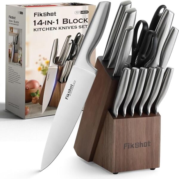 Kitchen Knife Sets with Block, FIKSHOT Knives Set for Kitchen - Razor-Sharp Santoku Knife, Fruit and Kitchen Sets - Dishwasher Safe and Rust Resistant for Homecooks (Silver + Walnut) - Image 2